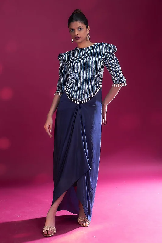Deep Blue Ajrakh Embroidered Draped Dress