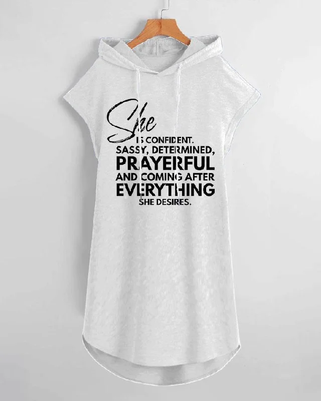 She Is Confident Print Drawstring Hooded Dress