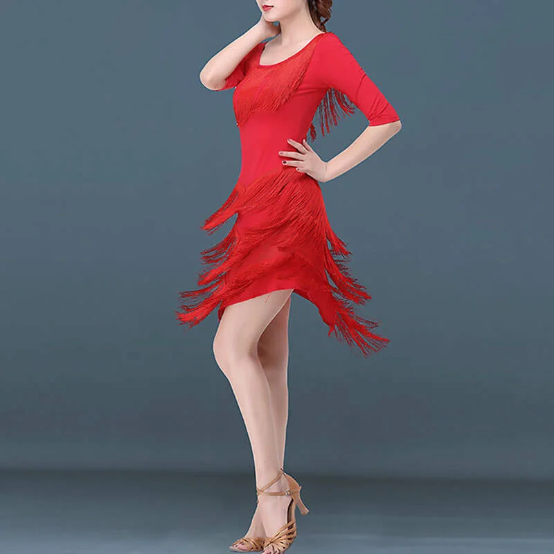 Soild Color Half Sleeve Latin Dress with Tassels