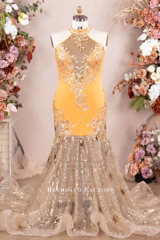 Plus Size Sparkly Sequin Orange Jersey Mermaid Prom Dress