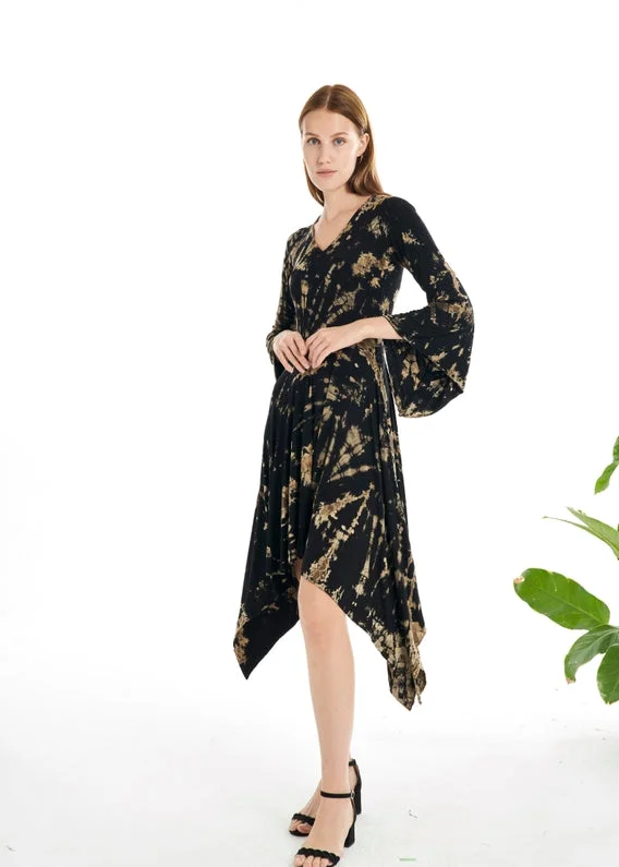 Tie-Dye Dress ~ Bell Sleeves & Hankie Hem ~ Brown & Black