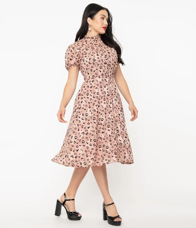Unique Vintage Pink & Leopard Print Leota Swing Dress (M, XL and 1XL ONLY)