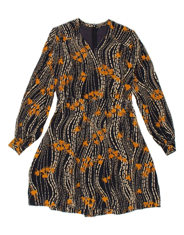 VINTAGE Womens Abstract Pattern A-Line Dress UK 10 Small Navy Blue
