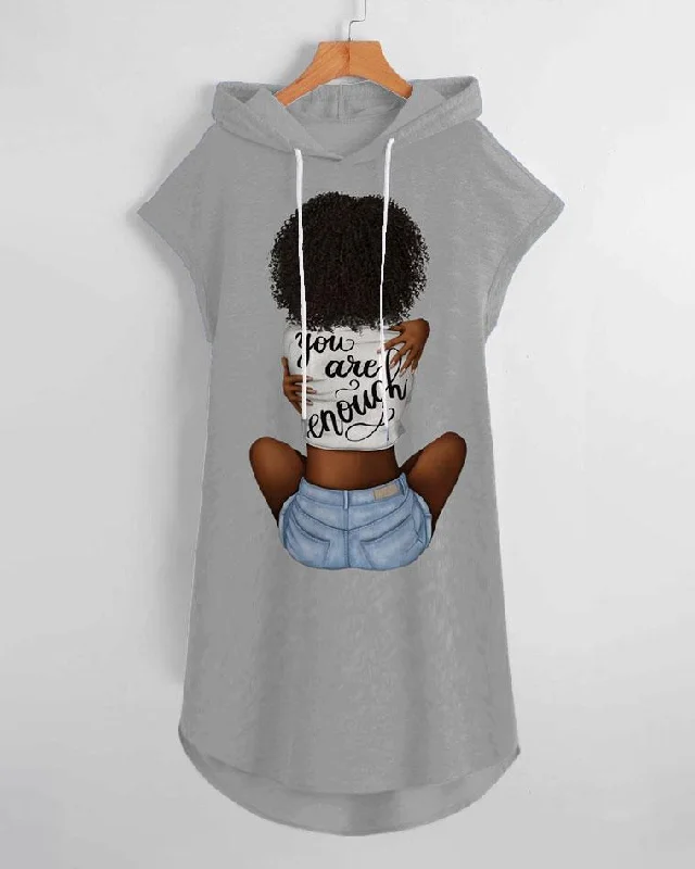 You are Enough Print Drawstring Hooded Dress