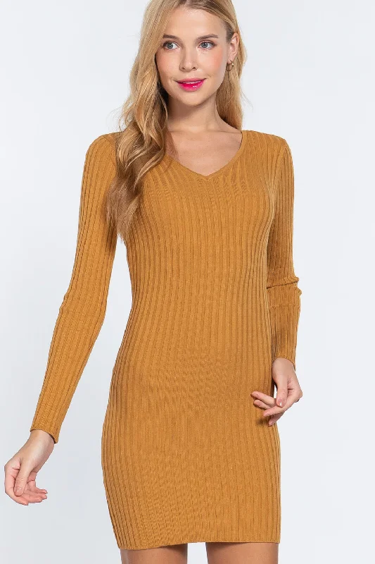 Long Slv V-neck Sweater Mini Dress Trendy Crossover Mini Dress