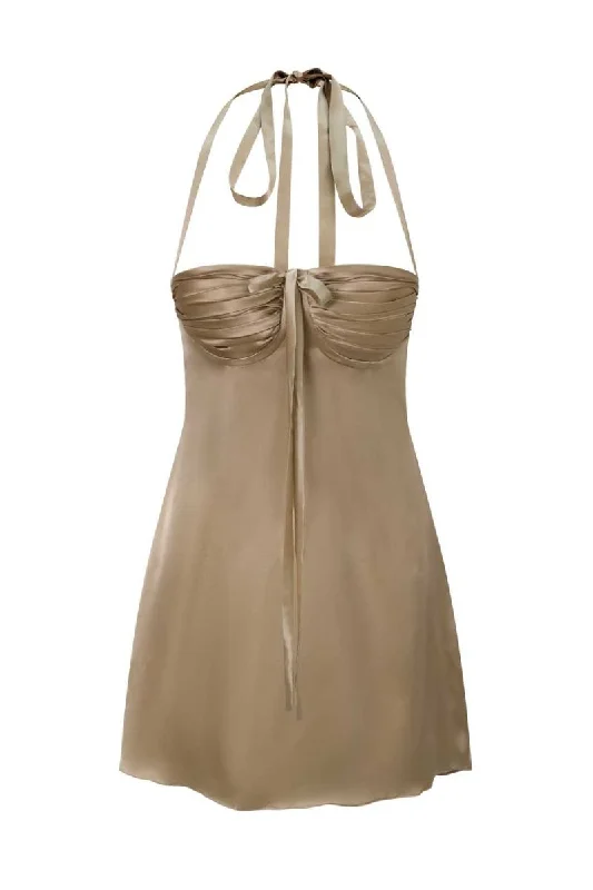 ANGELINA MINI DRESS IN CHINCHILLA GOLD SILK Chic Halter Mini Dress