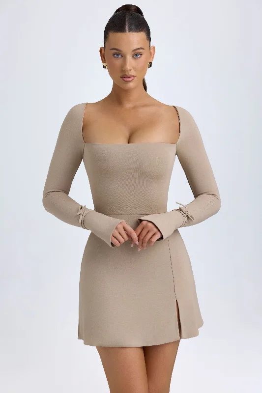 Modal Square-Neck A-Line Mini Dress in Taupe Fashionable Lace Mini Dress