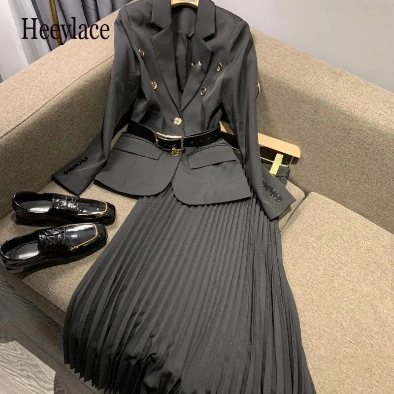 Black Blazer With Belt + Midi Pleated Skirt Women 2 Piece Set Autumn Office Vintage Lady Long Sleeve Suit Jacket Chic Skirt Suit One-Shoulder Jacket Off-the-Shoulder Jacket Asymmetrical Jacket