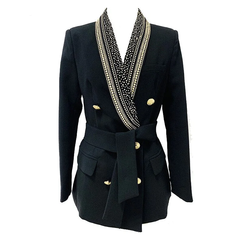 Blazer Women Black Bead 2023 Designer Metal Decoration with Belt Shawl Collar Midi Jacket Suit Long Blazers Hoodie Zip-Up Jacket Button-Up Jacket