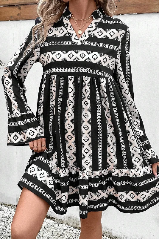 Blue Zone Planet |  Black Boho Geometric Printed Flared Long Sleeve Mini Dress Stylish Spaghetti Strap Mini Dress