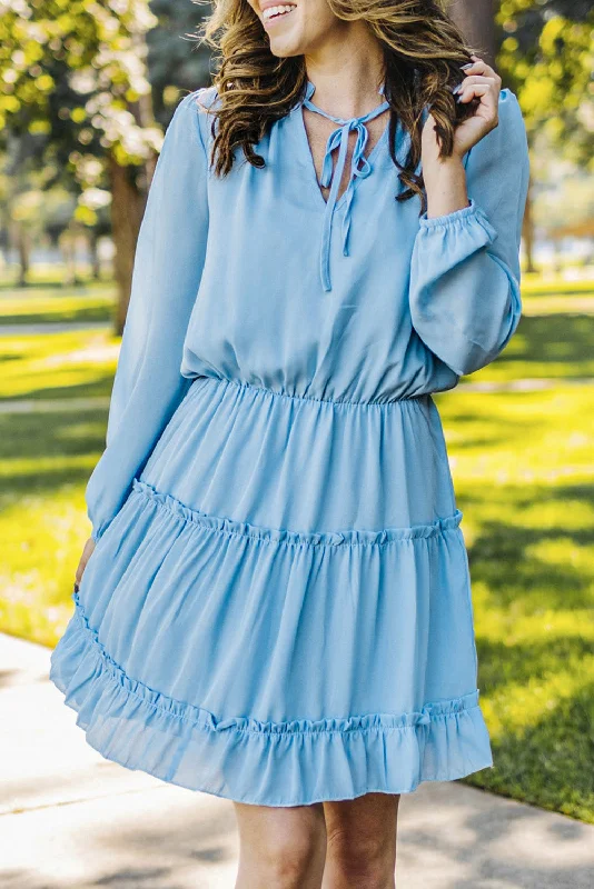 Blue Zone Planet |  Light Blue V Neck Long Sleeve Ruffle Tiered Mini Dress Classic Floral Print Mini Dress