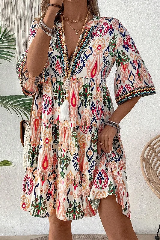 Blue Zone Planet |  Multicolour Boho Print V Neck Bracelet Sleeve Mini Dress Chic Halter Mini Dress