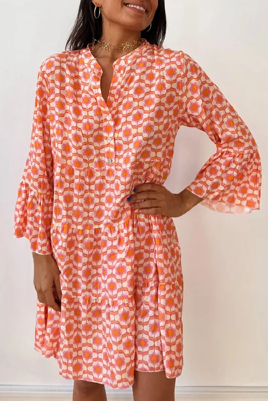 Blue Zone Planet |  Orange Floral Print Flounce Sleeve Buttoned Front Mini Dress Cozy Wraparound Mini Dress