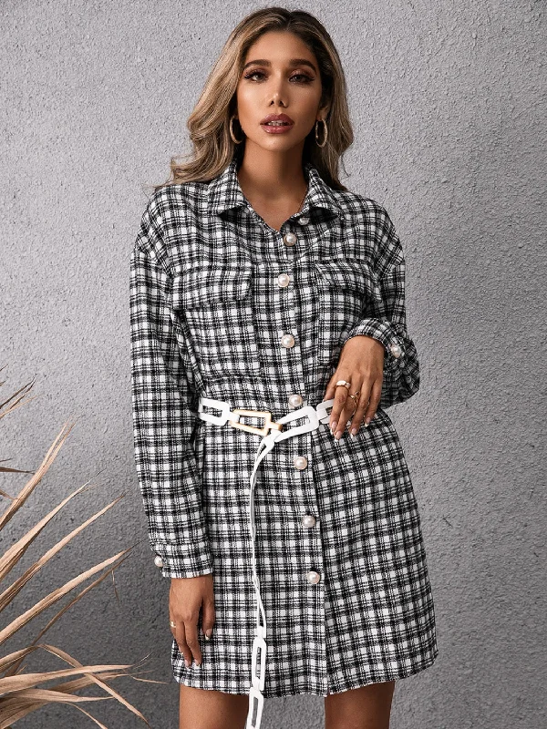 Blue Zone Planet |  Pocketed Plaid Long Sleeve Mini Dress Classic Solid Mini Dress