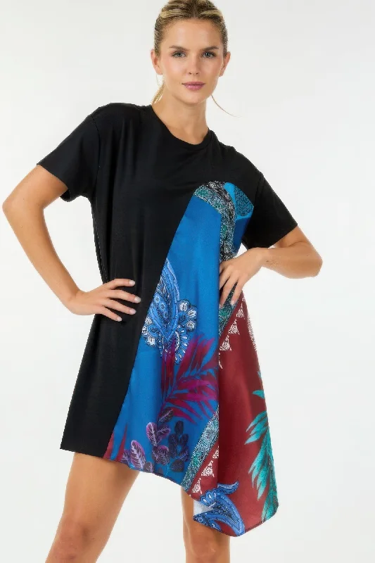 Blue Zone Planet | Botanical Print Handkerchief Tunic Top Mini Dress Classic Solid Mini Dress