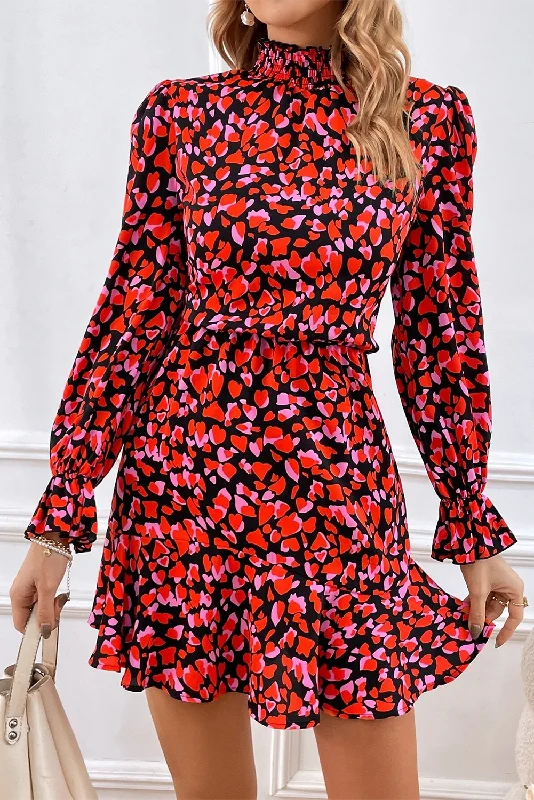 Blue Zone Planet |  Red Valentines Day Heart Shape Print Long Sleeve Mini Dress Comfortable Linen Mini Dress