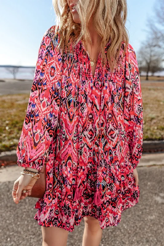 Blue Zone Planet |  Rose Abstract Printed Tassel Tied Neck Long Sleeve Ruffled Mini Dress Cozy Knit Mini Dress