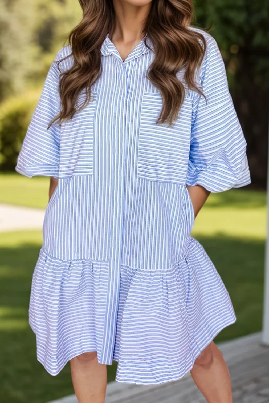 Blue Zone Planet |  Striped Collared Neck Mini Dress Cozy Knitted Mini Dress