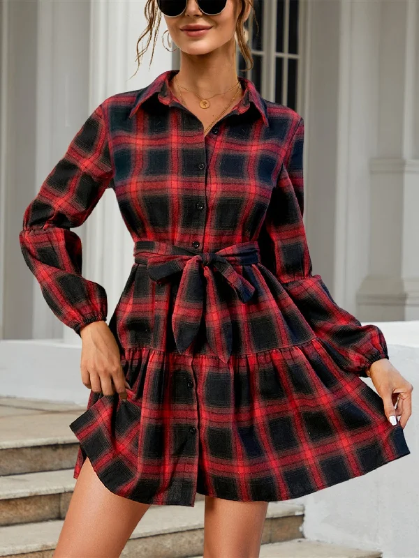 Blue Zone Planet |  Tied Plaid Long Sleeve Mini Dress Fashionable Button-Front Mini Dress