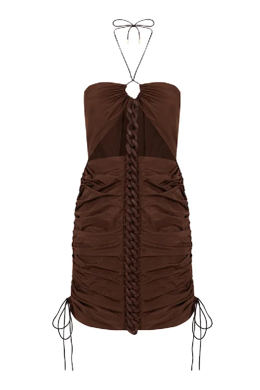 BROWN CHAIN GATHERED MINI DRESS Comfortable Smocked Mini Dress