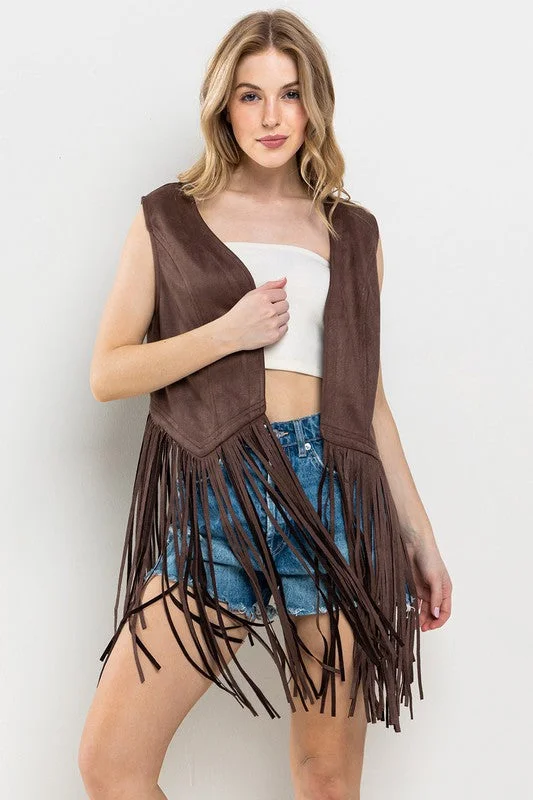 BROWN WESTERN FRINGE SUEDE LEATHER VEST JACKET CFJIC80275 Print Jacket Jacquard Jacket Embroidered Jacket