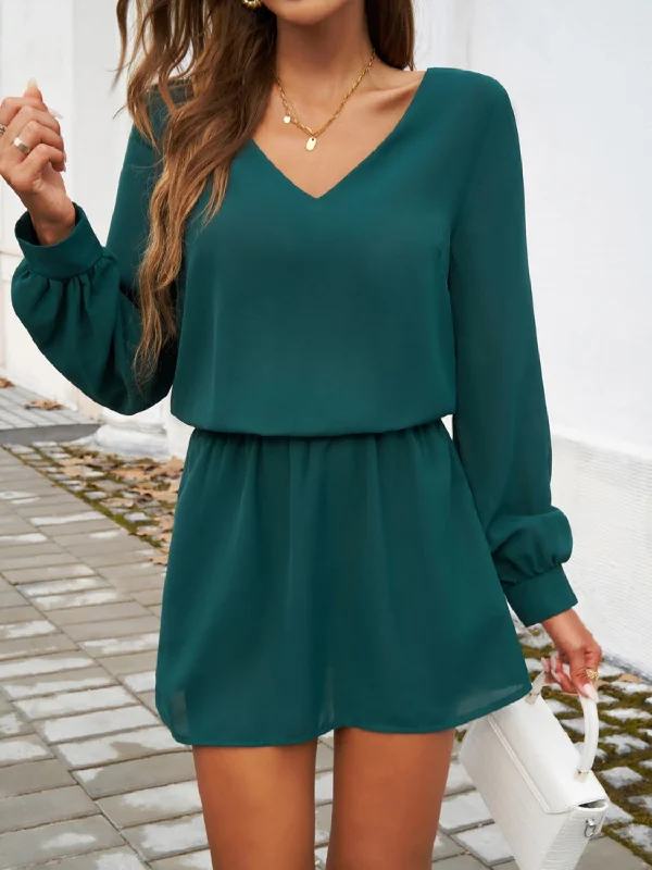 Blue Zone Planet |  Cutout V-Neck Long Sleeve Mini Dress Trendy Lace Mini Dress