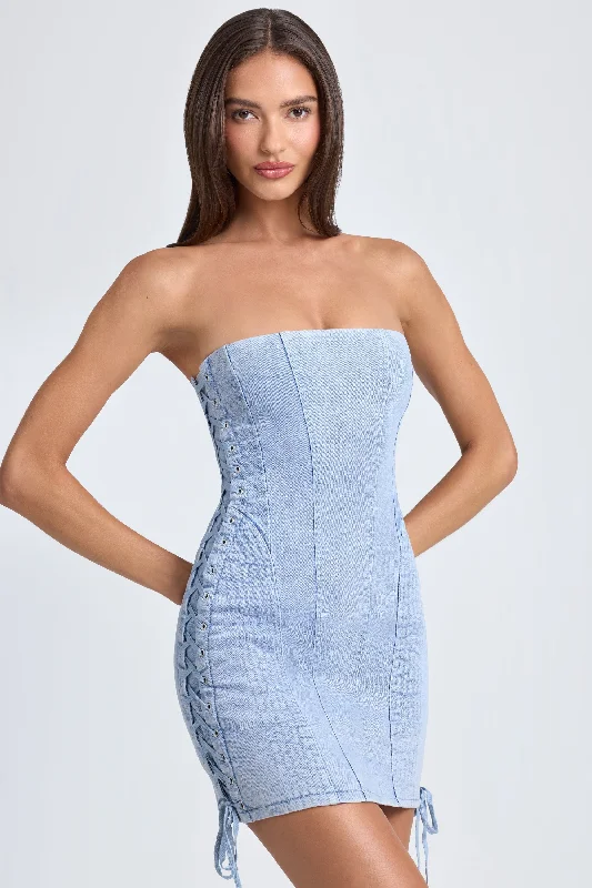 Bandeau Lace-Up Mini Dress in Light Blue Stonewash Comfortable Off-Shoulder Mini Dress