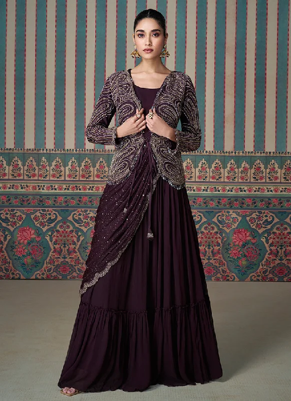 Deep Burgundy Embroidered Saree Gown with Jacket Zip Front Button Front Snap Front