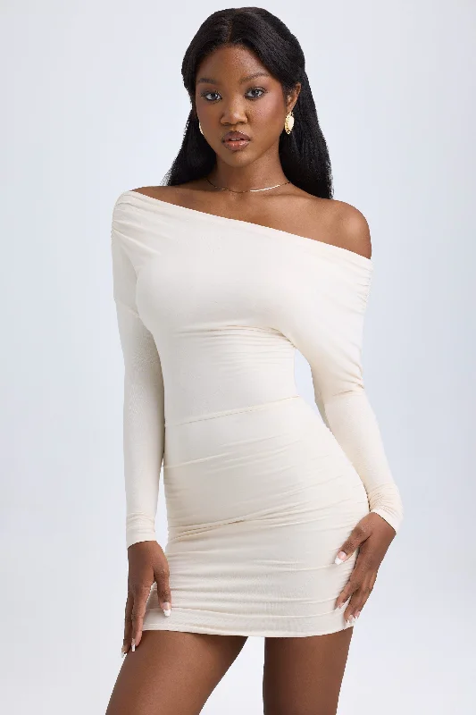 Modal Off-Shoulder Ruched Mini Dress in Ivory Trendy A-Line Mini Dress