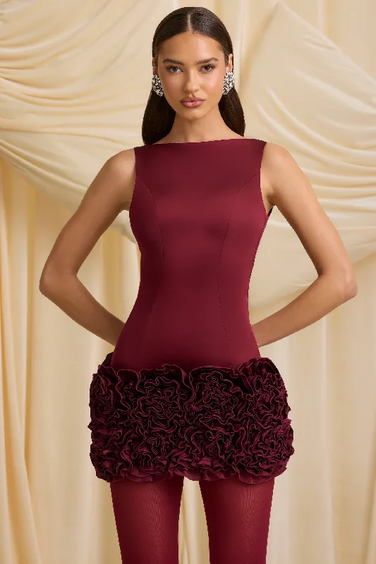 Appliqué Open-Back Mini Dress in Wine Red Trendy Mini Dress with Belt