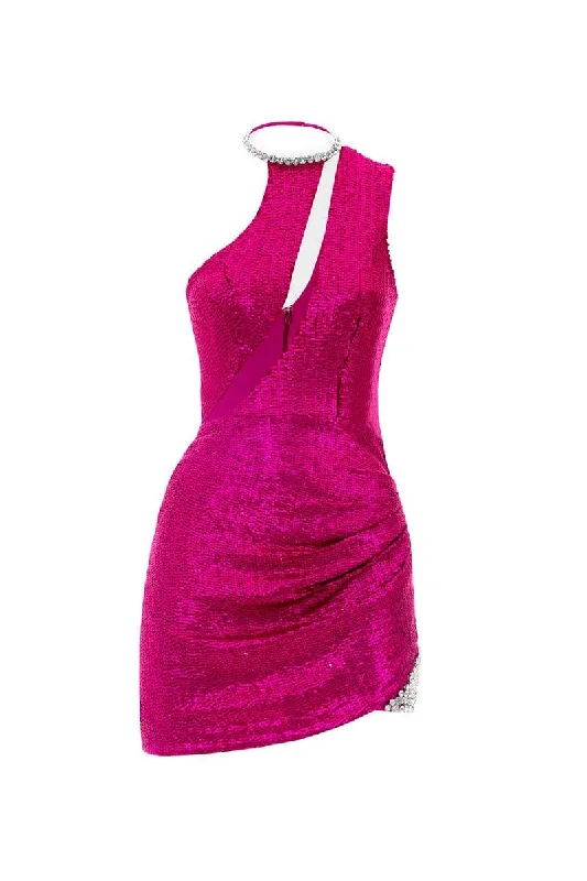 FUCHSIA SEQUINNED MINI DRESS Fashionable Polka Dot Mini Dress