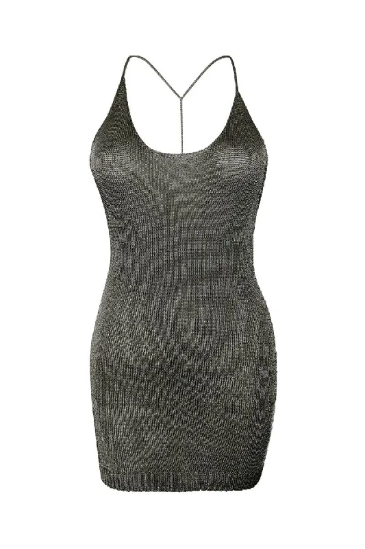 GUNMETAL SPARKLY KNIT MINI DRESS Casual V-Neck Mini Dress