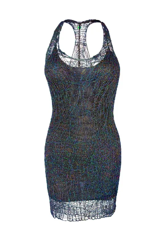 IRIDESCENT GUNMETAL CHAIN SPIDERWEB RACERBACK MINI DRESS Elegant Satin Mini Dress