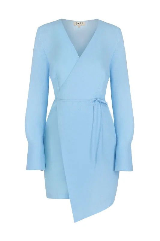 LIGHT BLUE LINEN-BLEND WRAP MINI DRESS Elegant Velvet Mini Dress