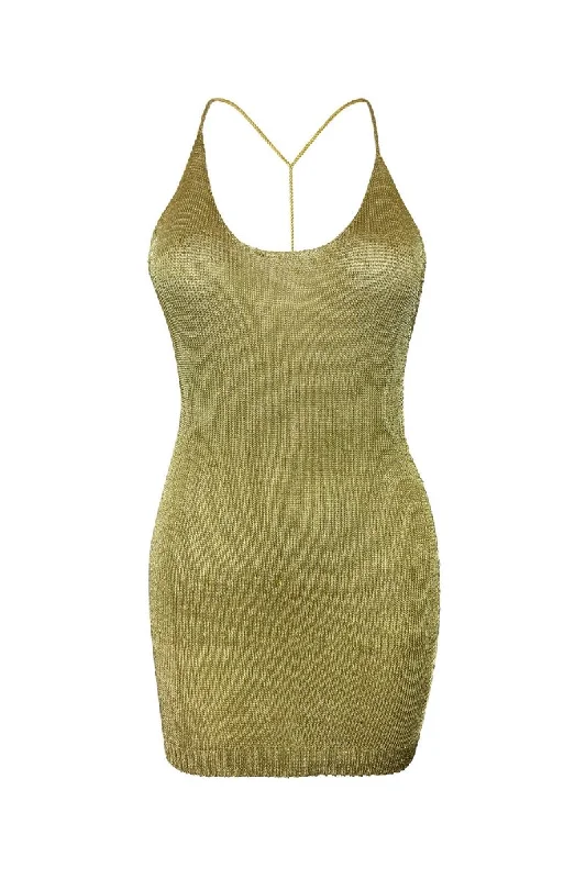 LIGHT GOLD SPARKLY KNIT MINI DRESS Cozy Ribbed Mini Dress