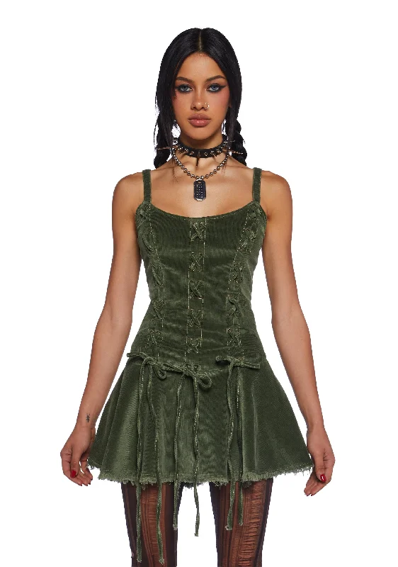 Little Miss Attitude Mini Dress - Green Corduroy Fashionable Button-Front Mini Dress