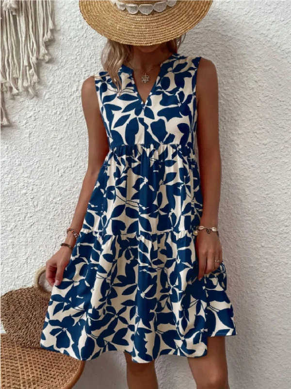 Printed Notched Sleeveless Mini Dress Classic Shift Mini Dress