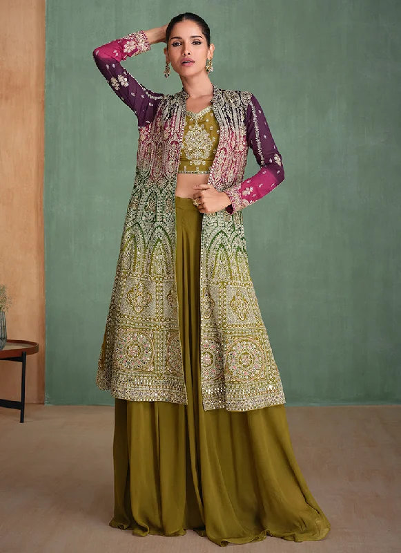 Purple And Olive Ombre Embroidered Jacket Style Sharara Suit Chenille Jacket Brocade Jacket Lace Jacket