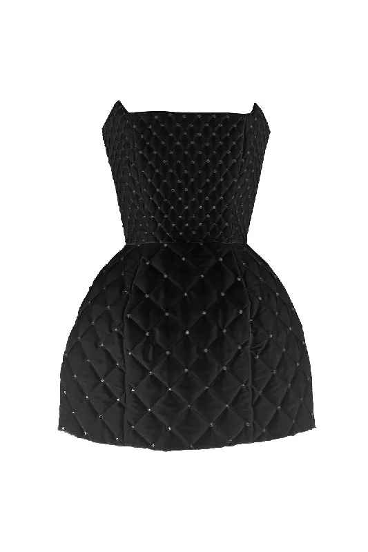 QUILTED MINI DRESS IN BLACK Elegant Satin Lace Mini Dress