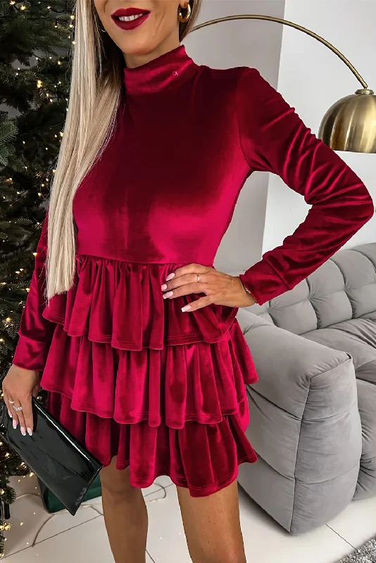 Racing Red Velvet High Neck Tiered Ruffle Mini Dress Chic Puff Sleeve Mini Dress