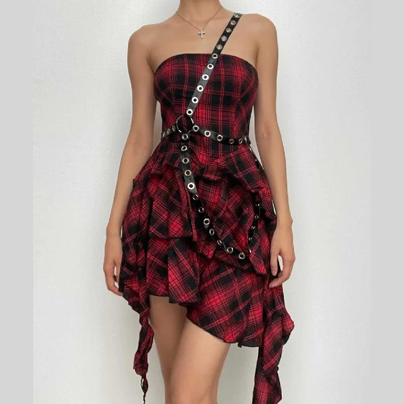 Ruffle plaid zip-up irregular one shoulder backless mini dress | victorian gothic dresses Comfortable Boho Mini Dress