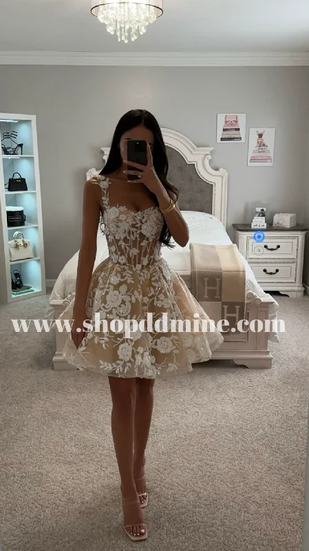 WHITE-NUDE SHORT SEQUIN FLORAL PRINT A LINE MINI DRESS Fashionable Mini Dress with Pockets