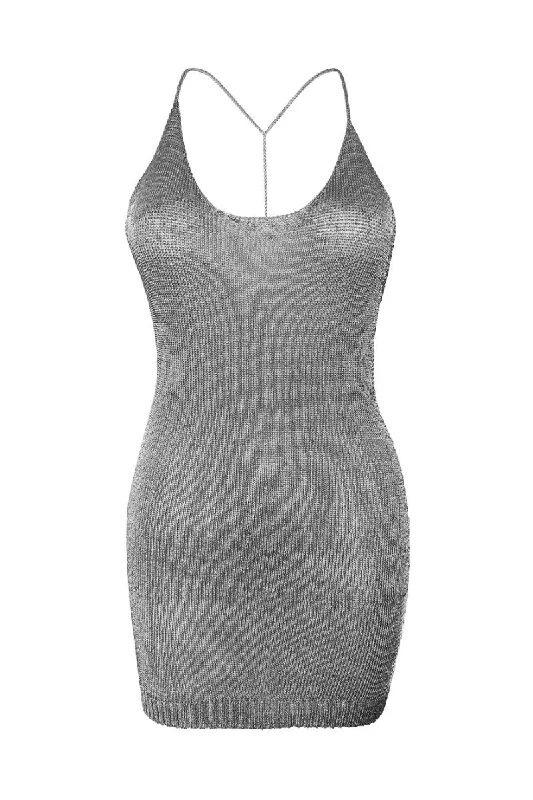 SILVER SPARKLY KNIT MINI DRESS Modern Satin Mini Dress