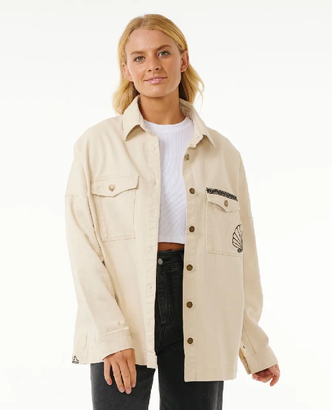 Soleil Embroidered Denim Jacket - Off White Welt Pockets Slit Pockets Flap Pockets