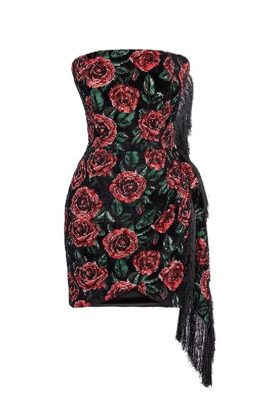 STRAPLESS WRAPPED CORDUROY ROSE MINI DRESS Elegant Velvet Mini Dress