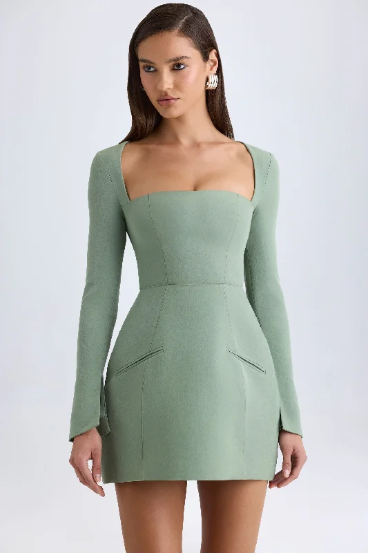 Square-Neck Structured Tulip Mini Dress in Khaki Green Cozy Knit Mini Dress