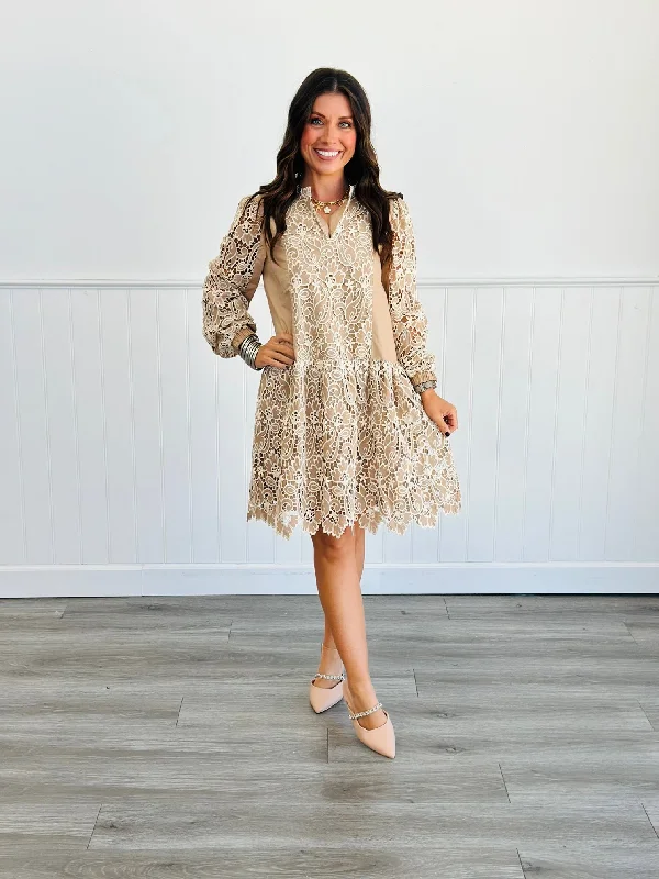 Taupe Embroidered Lace Mini Dress (Reg & Plus) Elegant Mini Dress with Ruffles