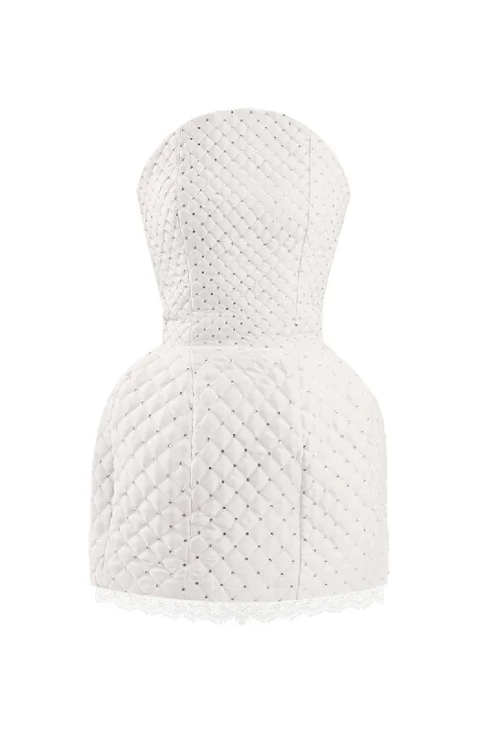 WHITE CRYSTAL QUILTED MINI DRESS Modern Satin Mini Dress