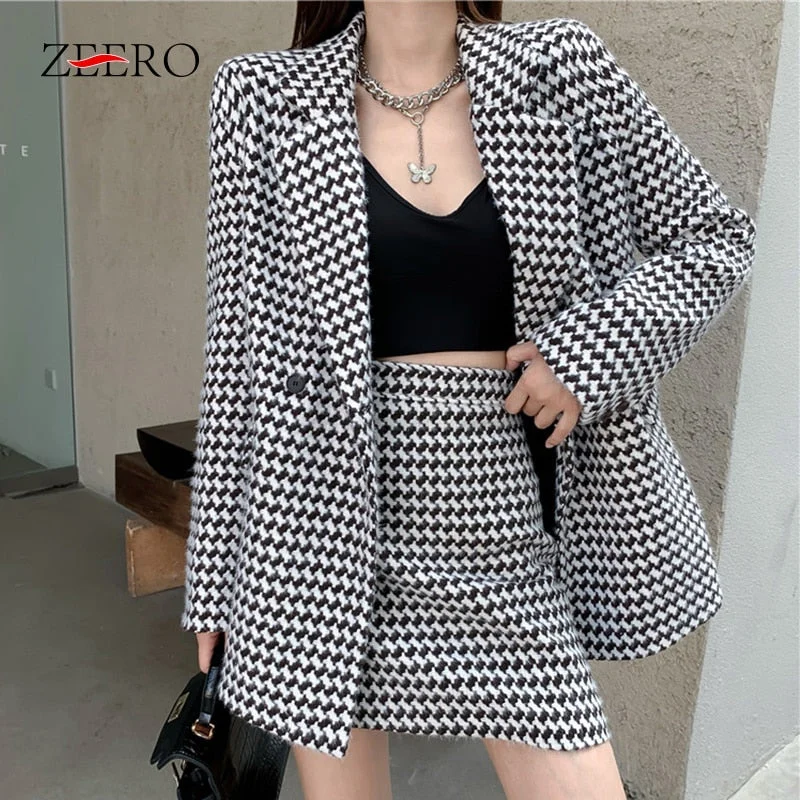 Winter Woman Tweed Two Piece Set Plaid Double Breasted Long Sleeve Belt Midi Blazer Jacket + High Waist Mini Skirt Suit Stand-Up Collar Roll-Neck Collar Turtle Neck