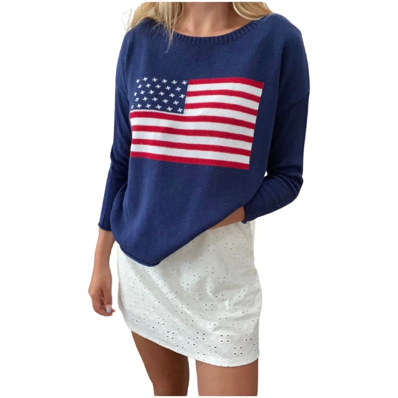 Boxy Americana Flag Sweater in Navy Sequined Glittery Shiny